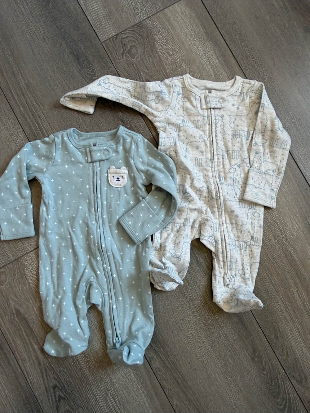 Cozy Footed Baby One-Piece Set in Soft Blue and Light Gray